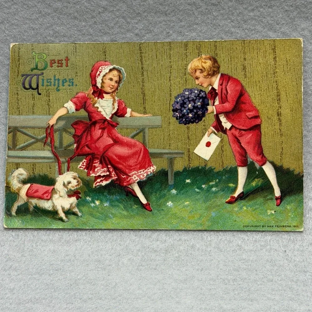 Best Wishes Boy with Flowers & Letter‎ Courting Girl Max Feinberg 1911 POSTCARD